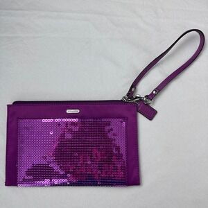 Coach Purple Sequin Wristlet Pouch Evening‎ Bag Clutch Purse Metallic